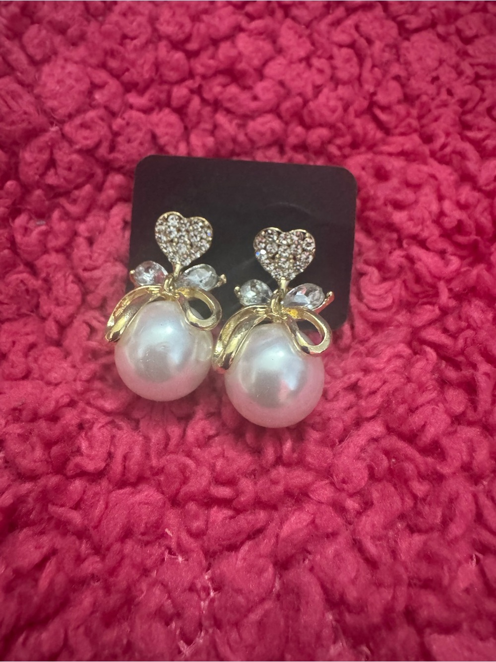 Gold Pearl Drop Earrings with Crystal Heart Accent - faux pearl